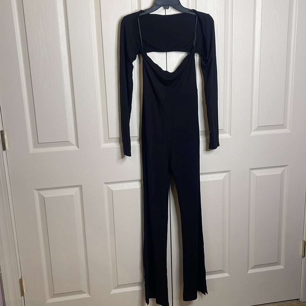 Strapless jumpsuit w/ mini jacket